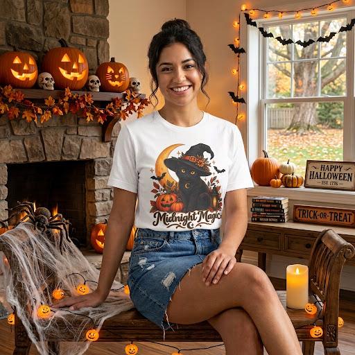Unisex Retro Halloween Cat Shirt | Spooky Moon Witchy Kitty Graphic Tee - FREE SHIPPING