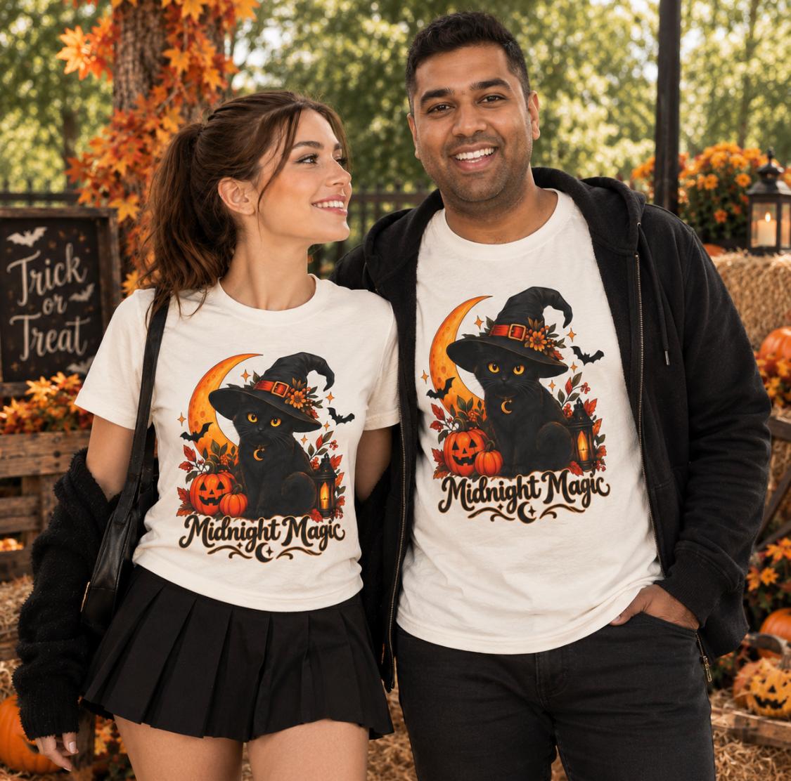Unisex Retro Halloween Cat Shirt | Spooky Moon Witchy Kitty Graphic Tee - FREE SHIPPING