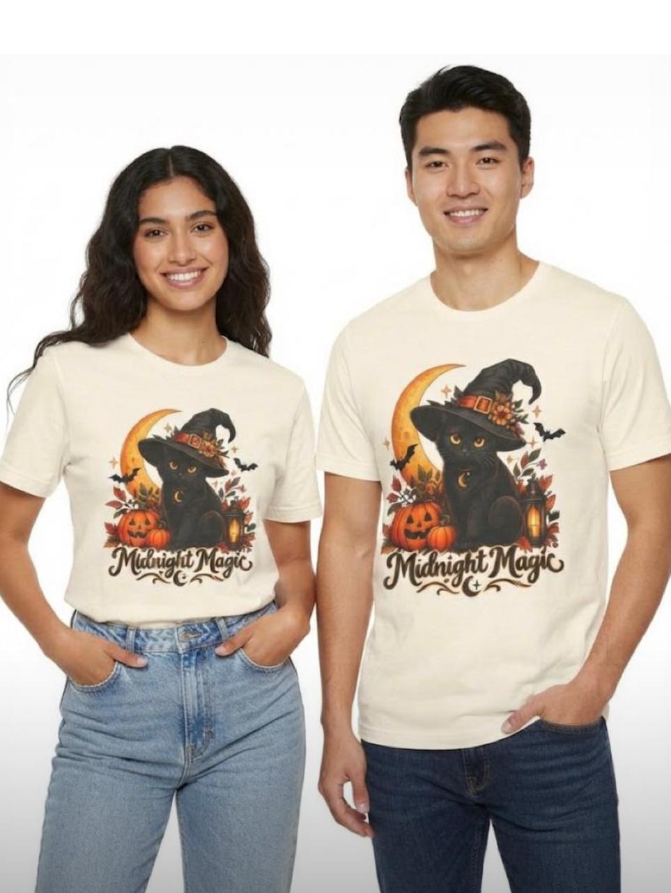 Unisex Retro Halloween Cat Shirt | Spooky Moon Witchy Kitty Graphic Tee - FREE SHIPPING