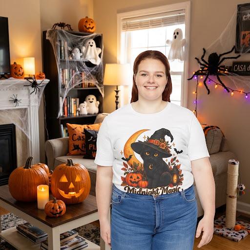 Unisex Retro Halloween Cat Shirt | Spooky Moon Witchy Kitty Graphic Tee - FREE SHIPPING