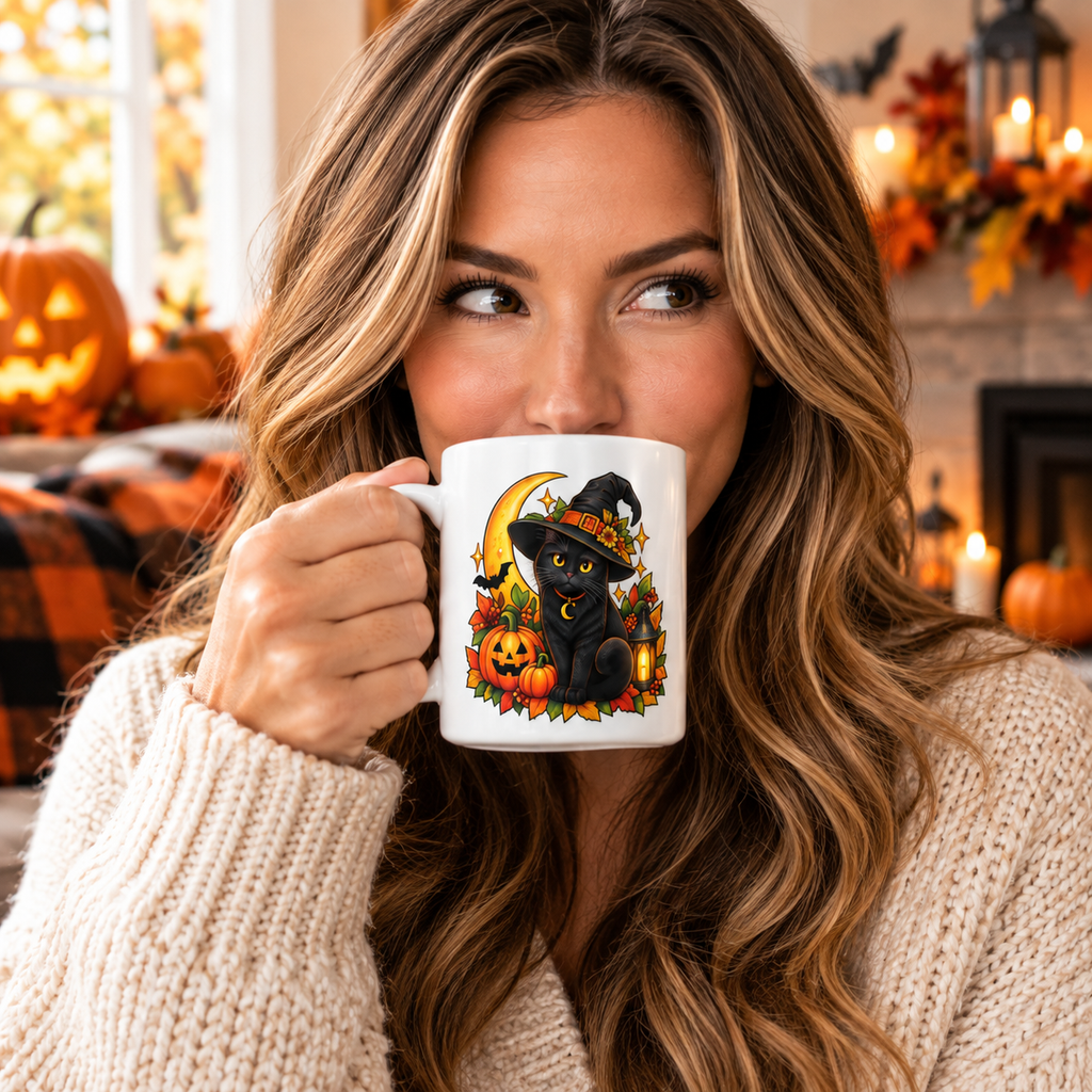 Witchy Halloween Cat Mug — Retro Spooky Moon Design