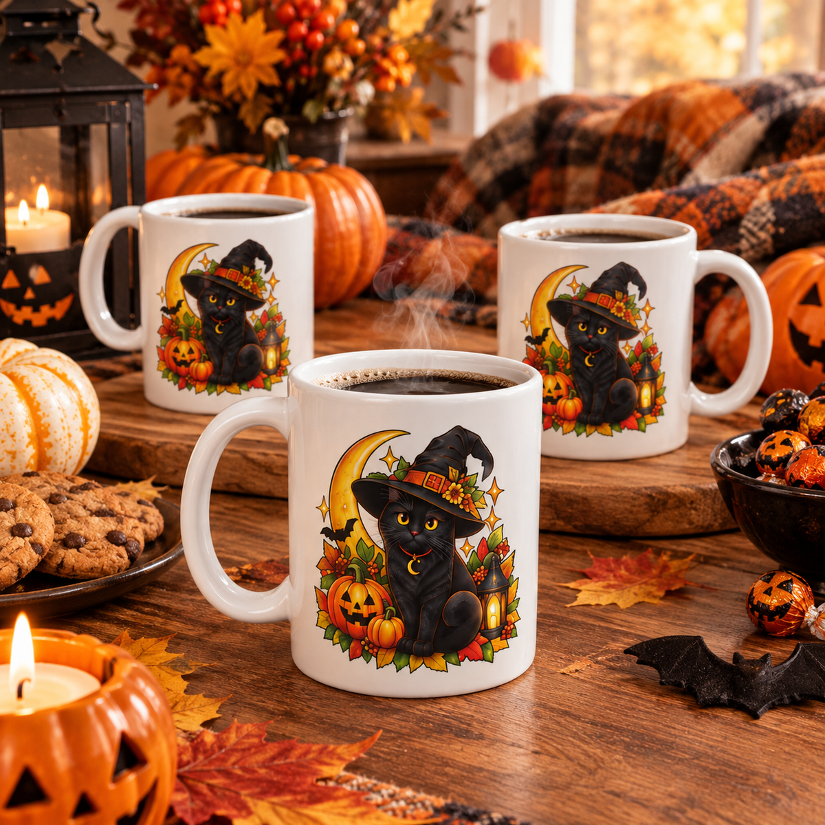 Witchy Halloween Cat Mug — Retro Spooky Moon Design