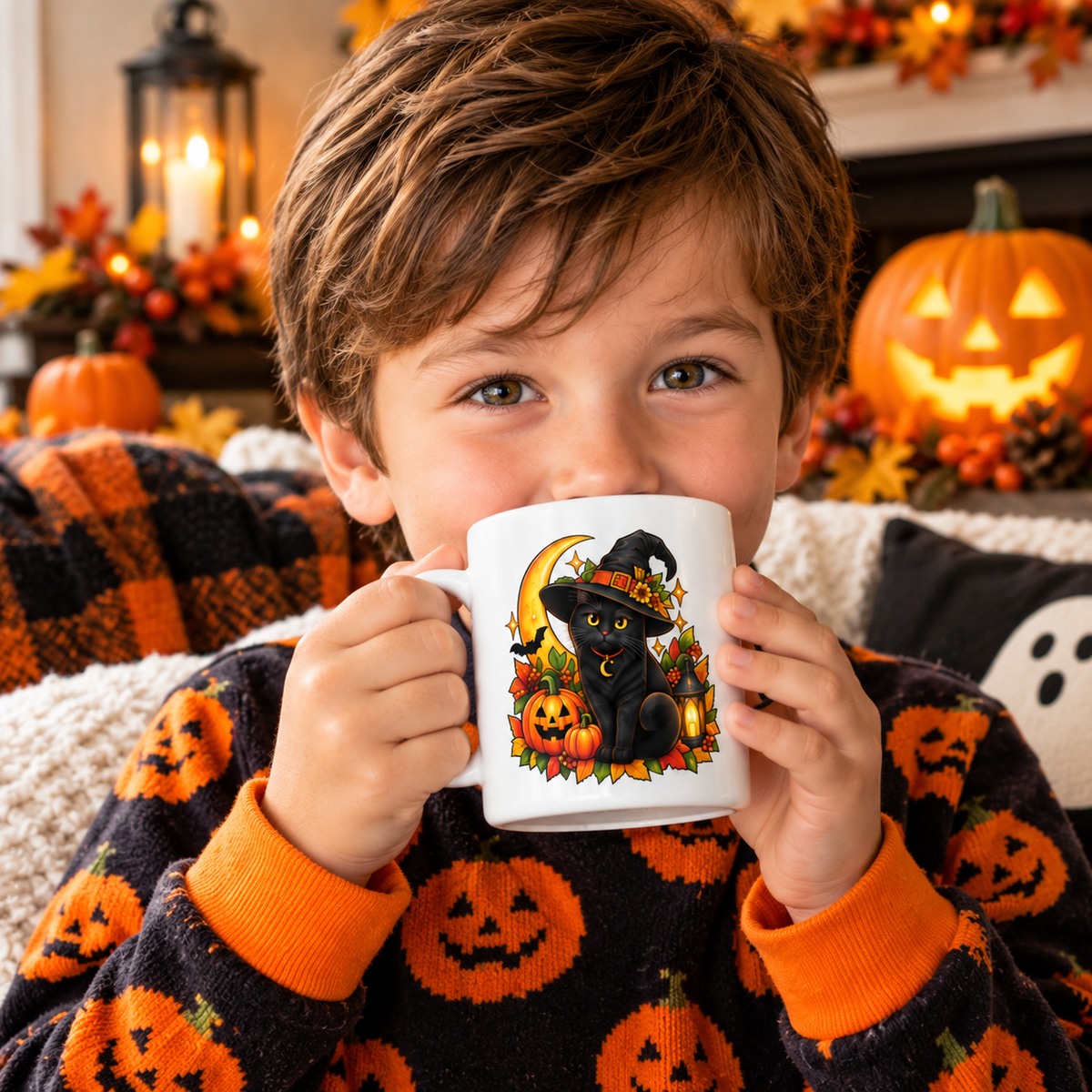 Witchy Halloween Cat Mug — Retro Spooky Moon Design