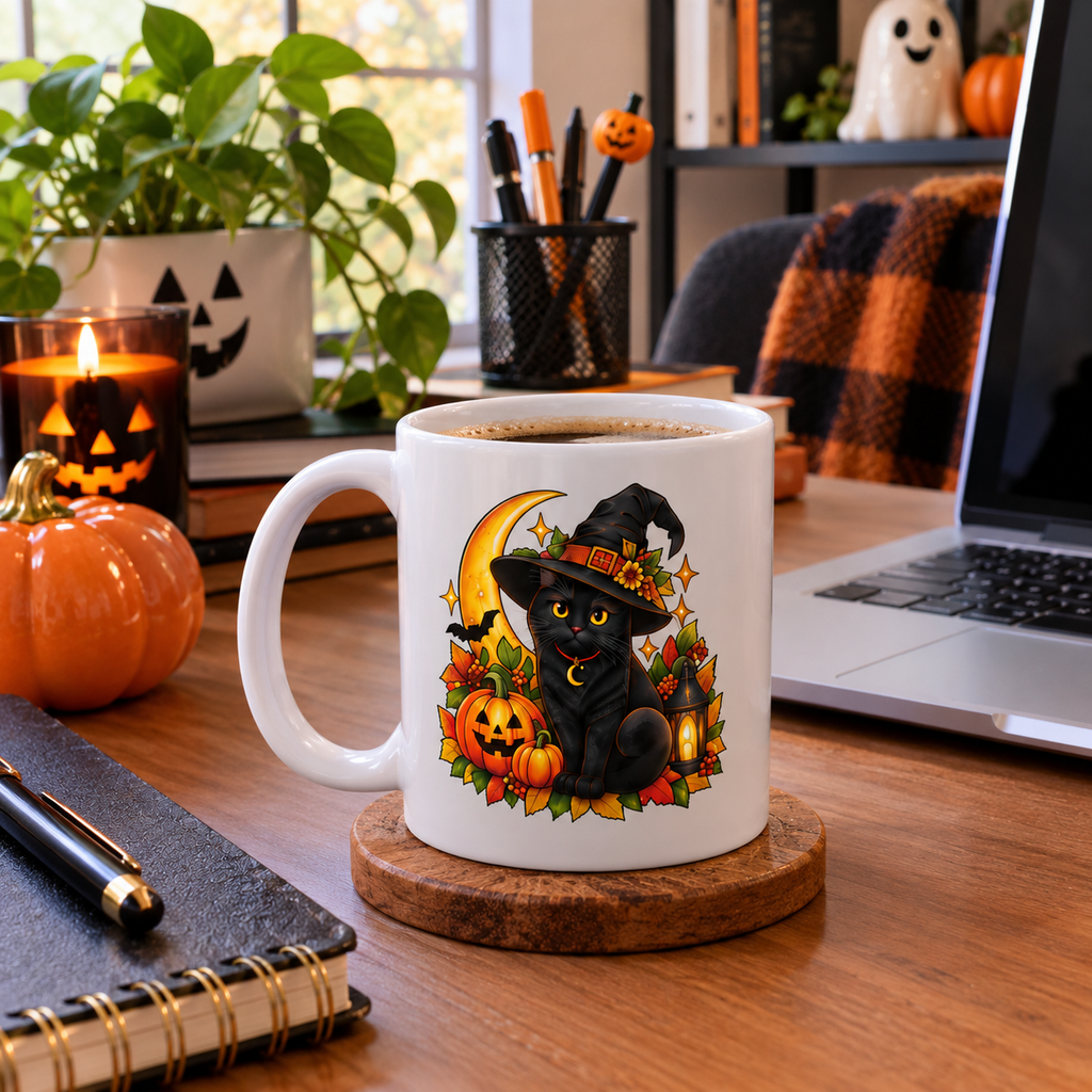 Witchy Halloween Cat Mug — Retro Spooky Moon Design