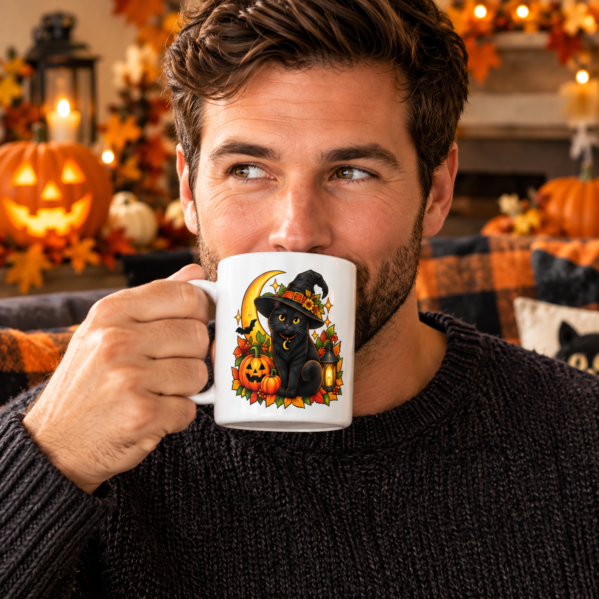 Witchy Halloween Cat Mug — Retro Spooky Moon Design