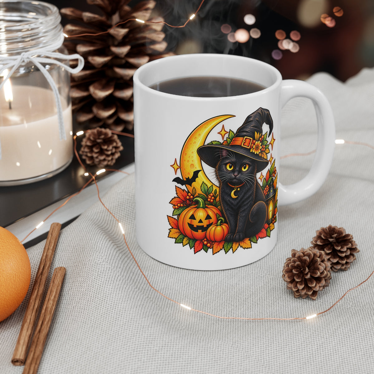 Witchy Halloween Cat Mug — Retro Spooky Moon Design