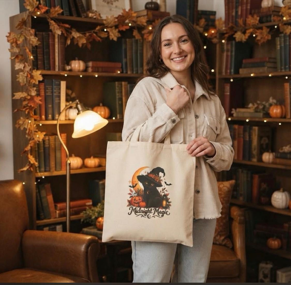 Midnight Magic Witchy Black Cat Tote Bag | Cute Spooky Canvas Book Bag
