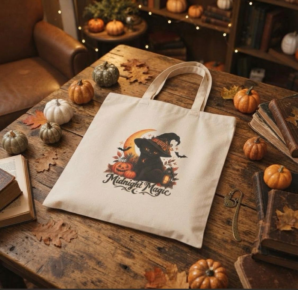 Midnight Magic Witchy Black Cat Tote Bag | Cute Spooky Canvas Book Bag