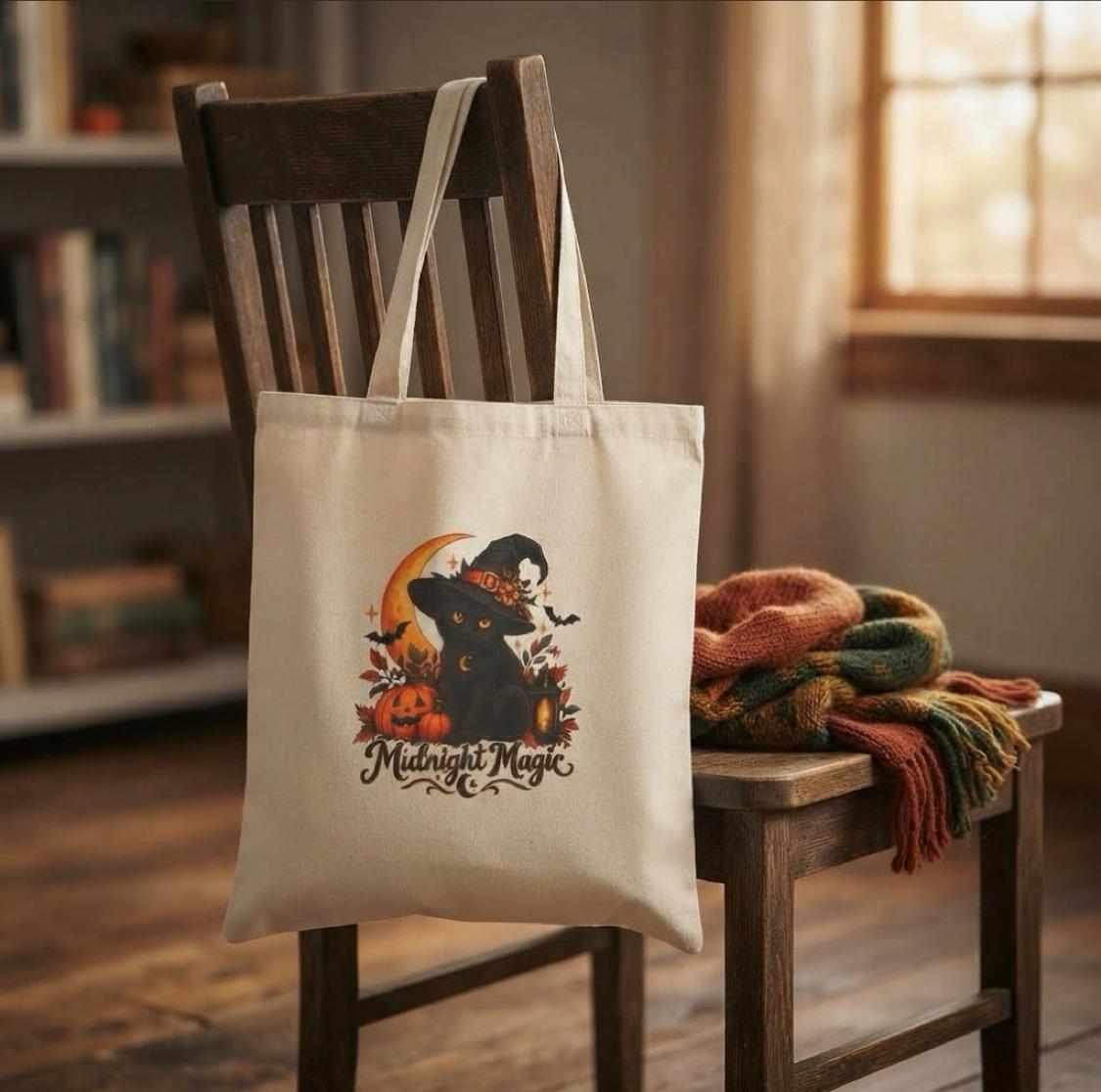 Midnight Magic Witchy Black Cat Tote Bag | Cute Spooky Canvas Book Bag