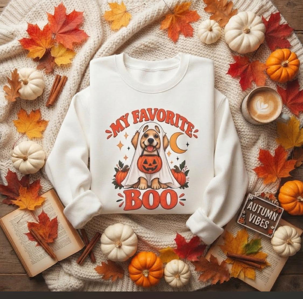 Get into the cozy, spooky spirit with our 'My Dog Is My Favorite Boo' Crewneck Sweatshirt!