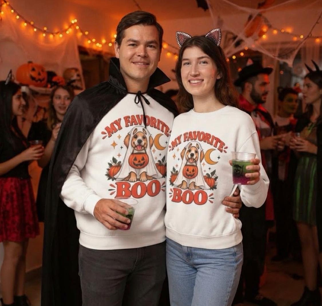 Get into the cozy, spooky spirit with our 'My Dog Is My Favorite Boo' Crewneck Sweatshirt!