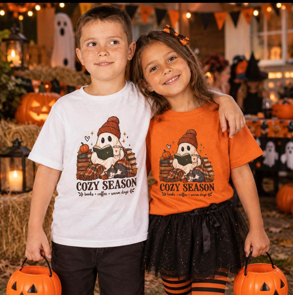 Kids Tee — "Cozy Season" Cute Ghost with Books & Pumpkin Fall Shirt