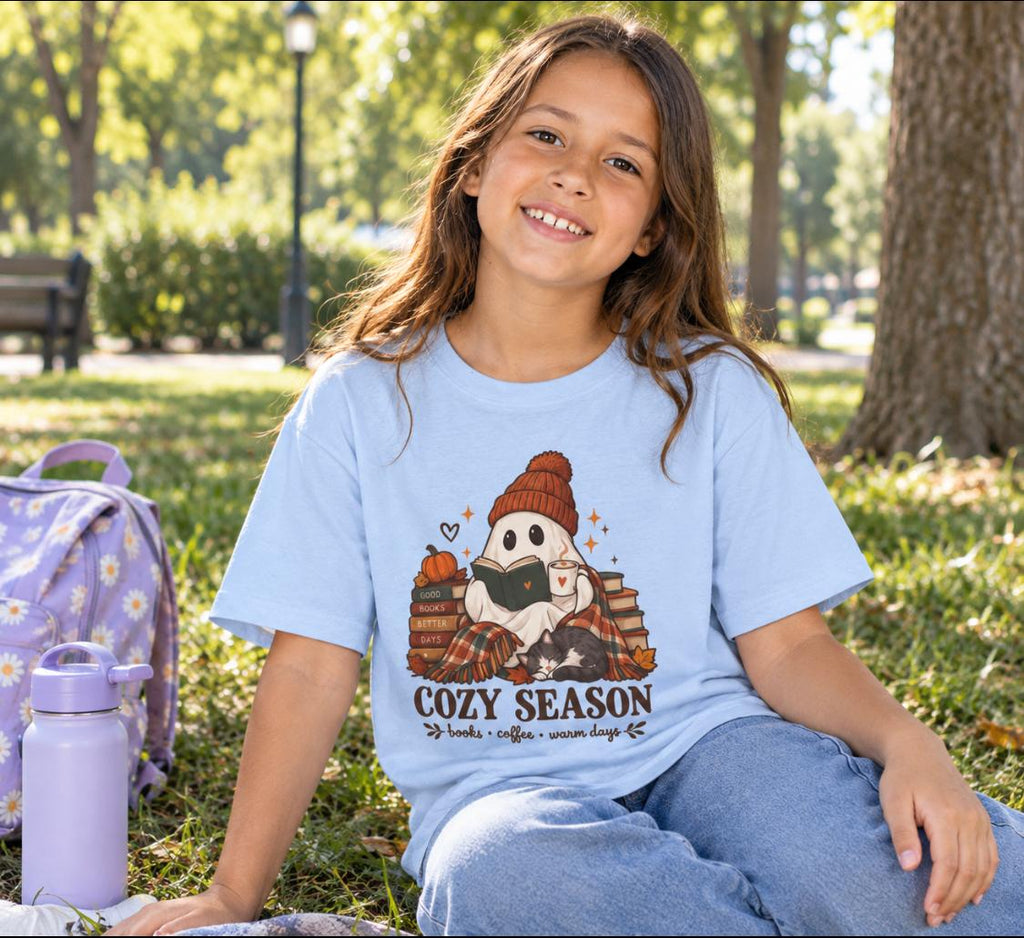 Kids Tee — "Cozy Season" Cute Ghost with Books & Pumpkin Fall Shirt