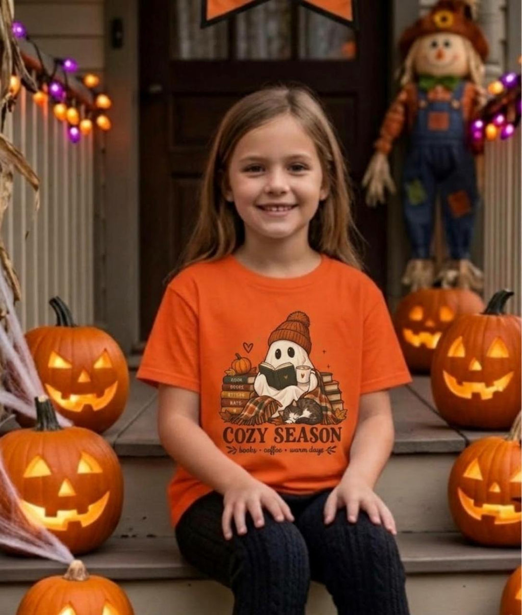Kids Tee — "Cozy Season" Cute Ghost with Books & Pumpkin Fall Shirt