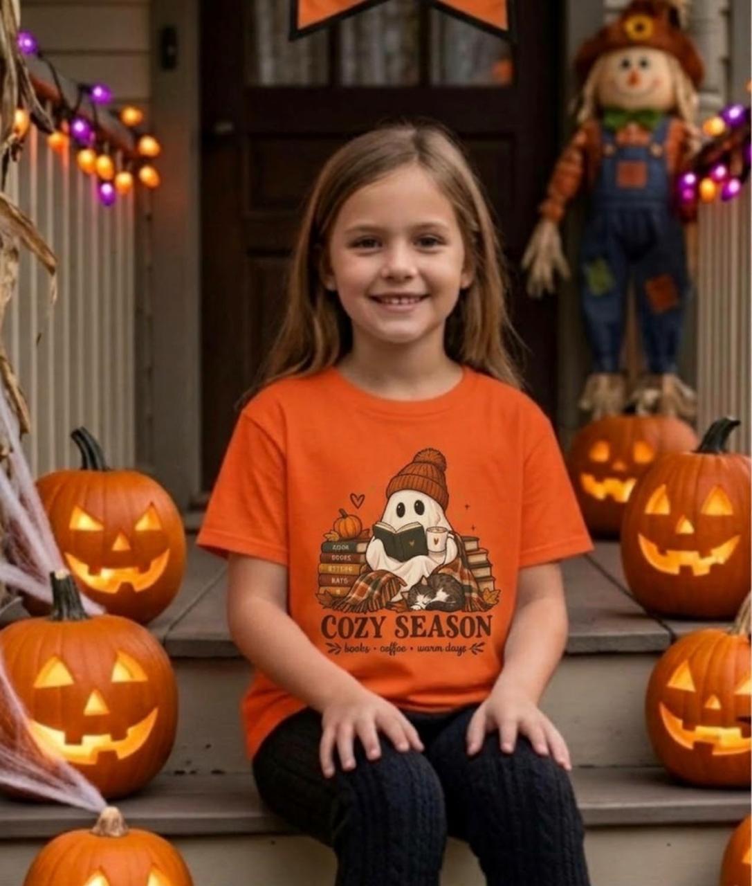Kids Tee — "Cozy Season" Cute Ghost with Books & Pumpkin Fall Shirt