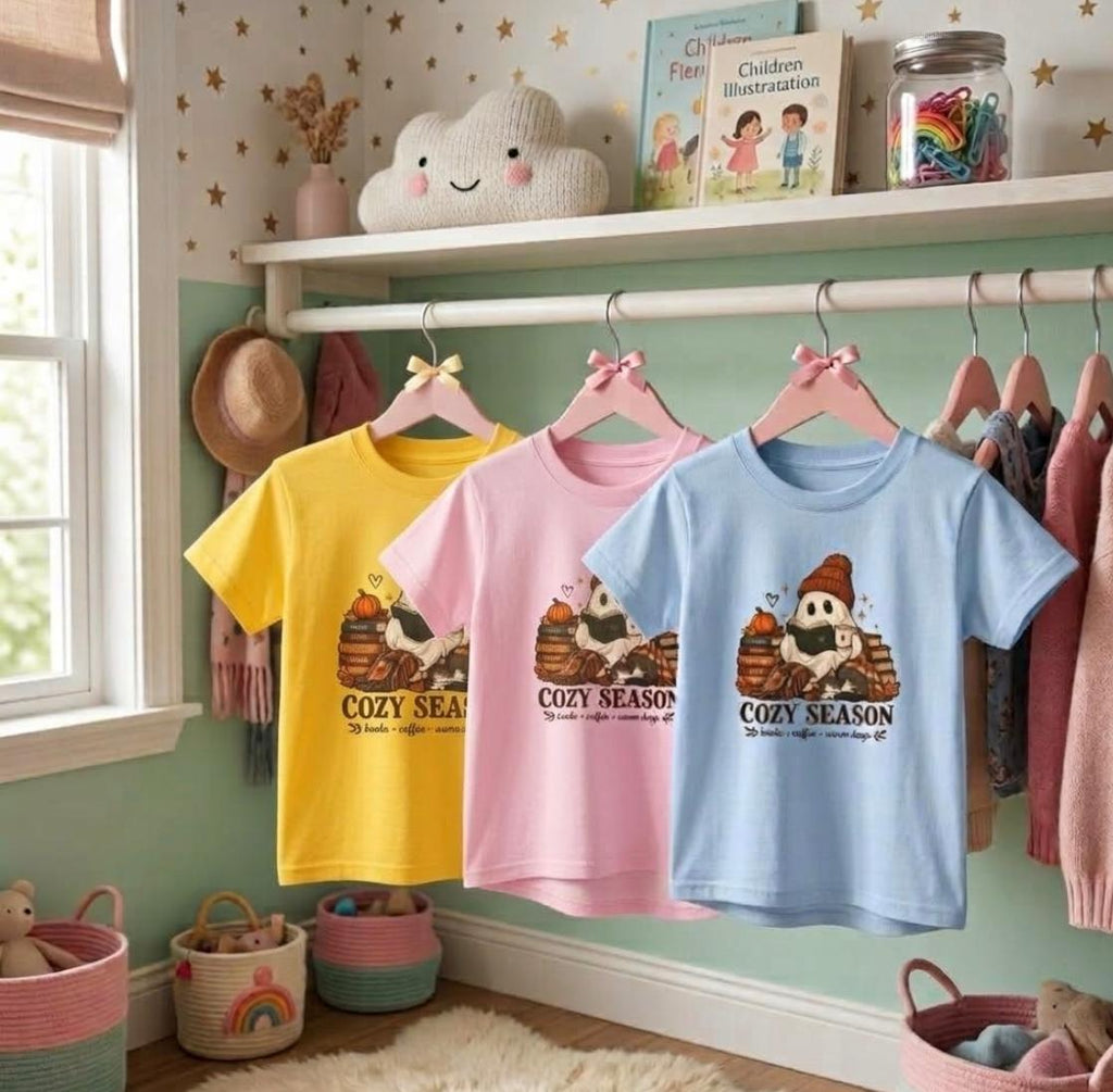 Kids Tee — "Cozy Season" Cute Ghost with Books & Pumpkin Fall Shirt