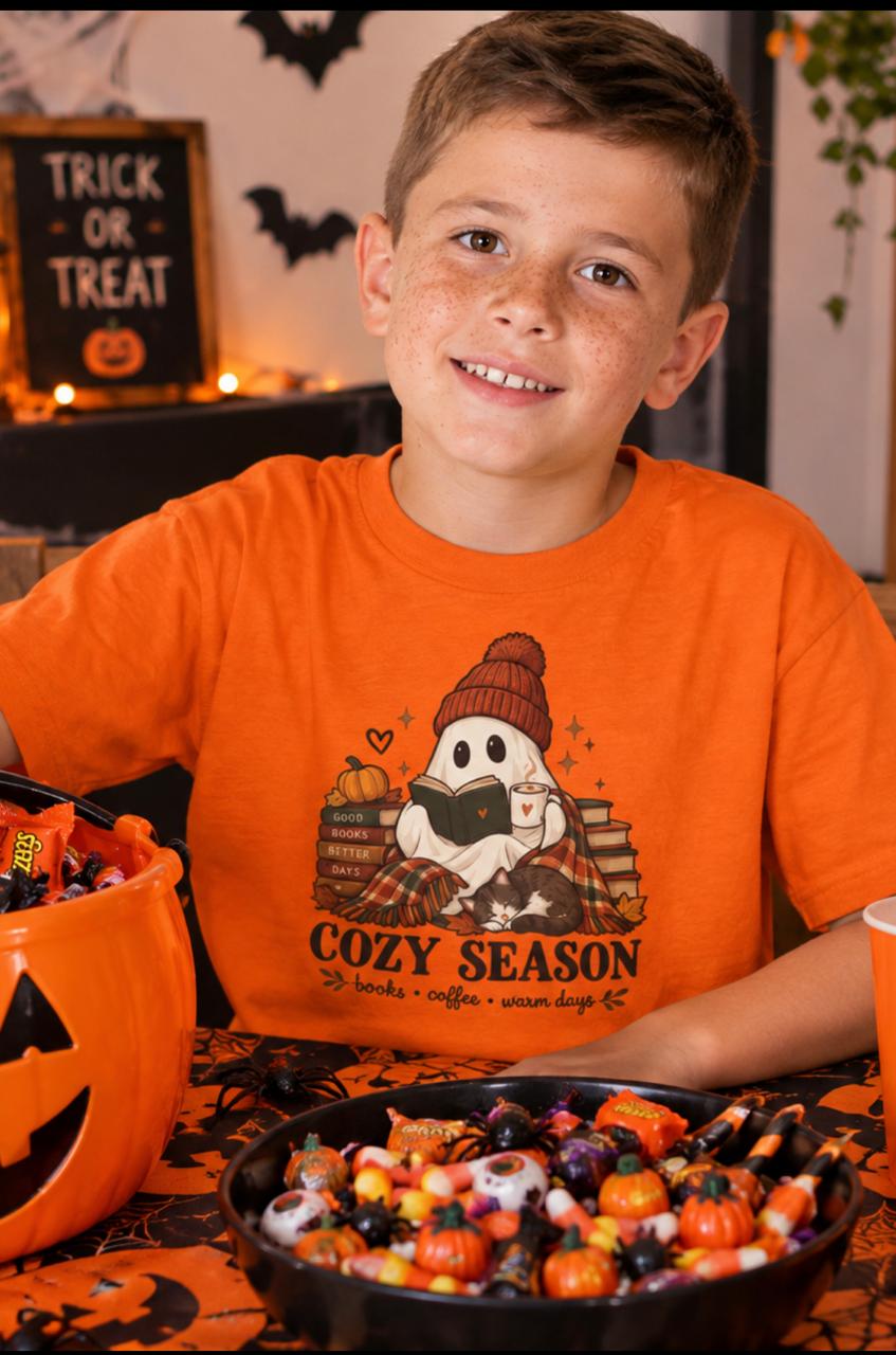 Kids Tee — "Cozy Season" Cute Ghost with Books & Pumpkin Fall Shirt