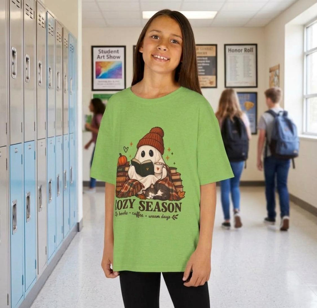 Kids Tee — "Cozy Season" Cute Ghost with Books & Pumpkin Fall Shirt