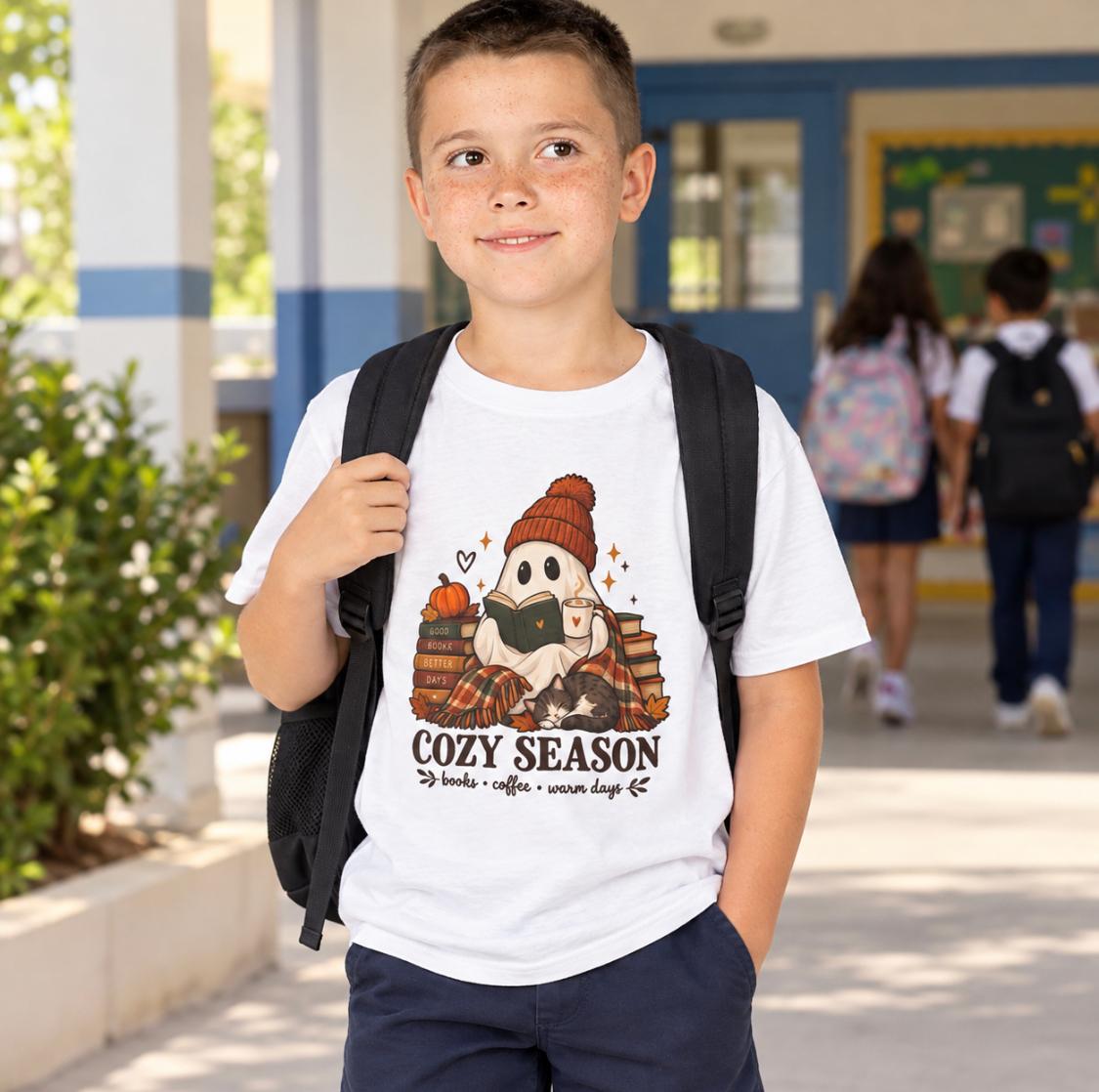 Kids Tee — "Cozy Season" Cute Ghost with Books & Pumpkin Fall Shirt