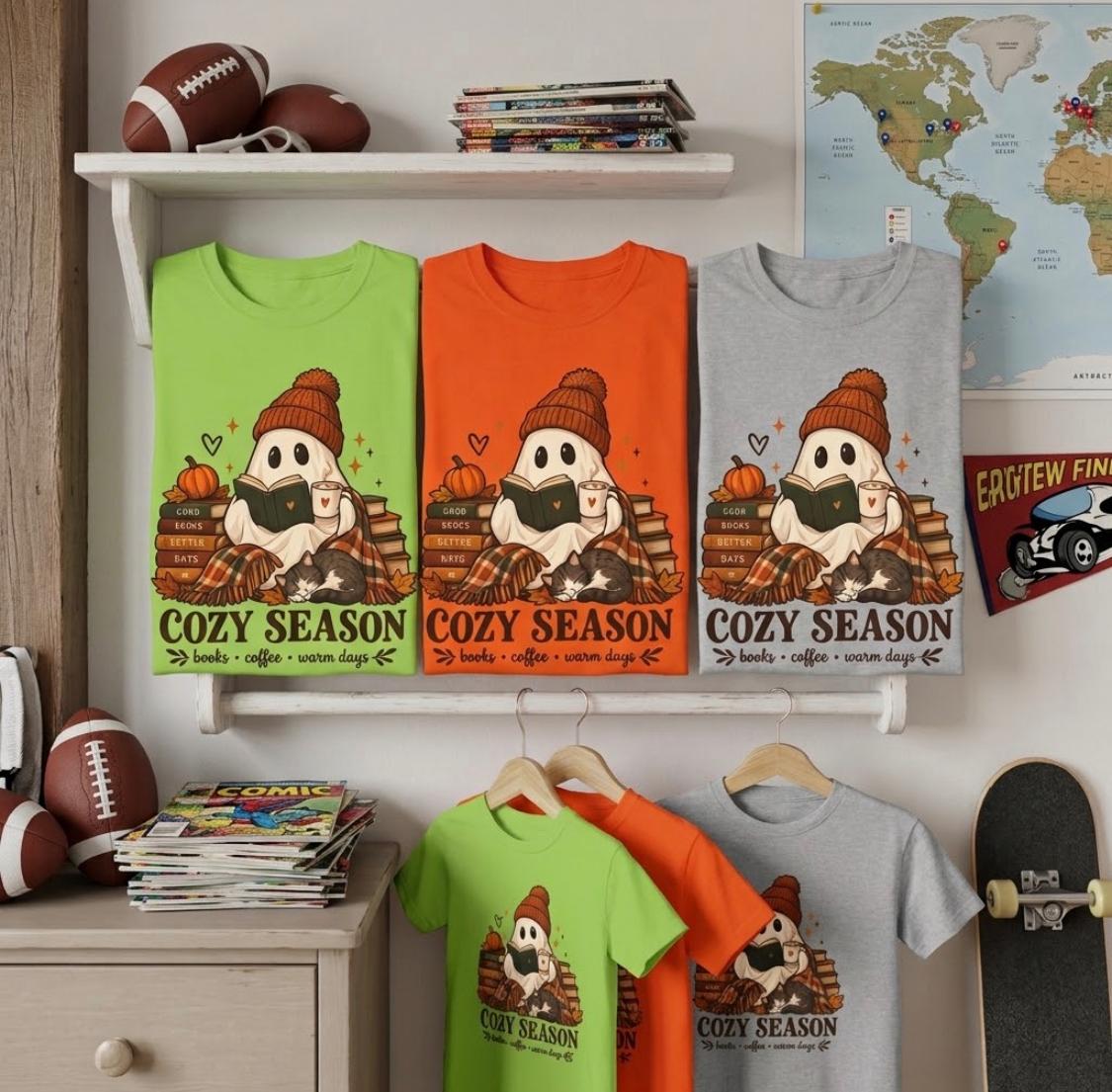 Kids Tee — "Cozy Season" Cute Ghost with Books & Pumpkin Fall Shirt