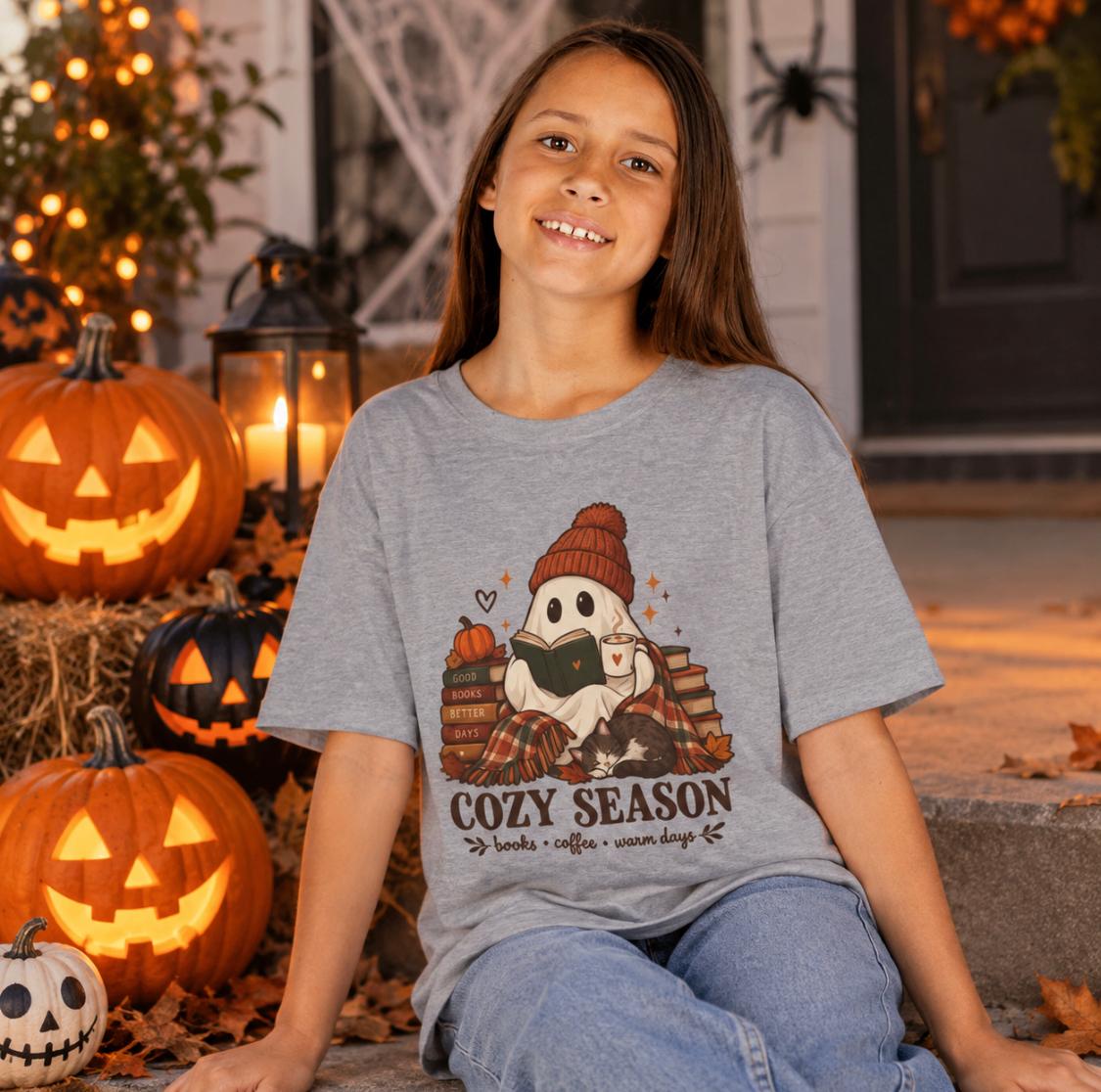 Kids Tee — "Cozy Season" Cute Ghost with Books & Pumpkin Fall Shirt