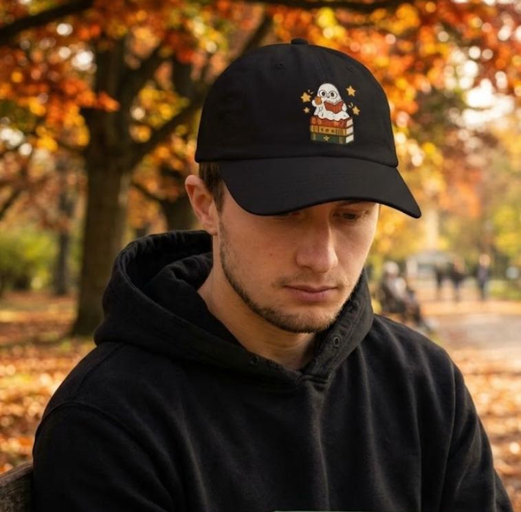Bookish Owl Dad Cap — Cute Reading Hat with Owl on Stacked Books