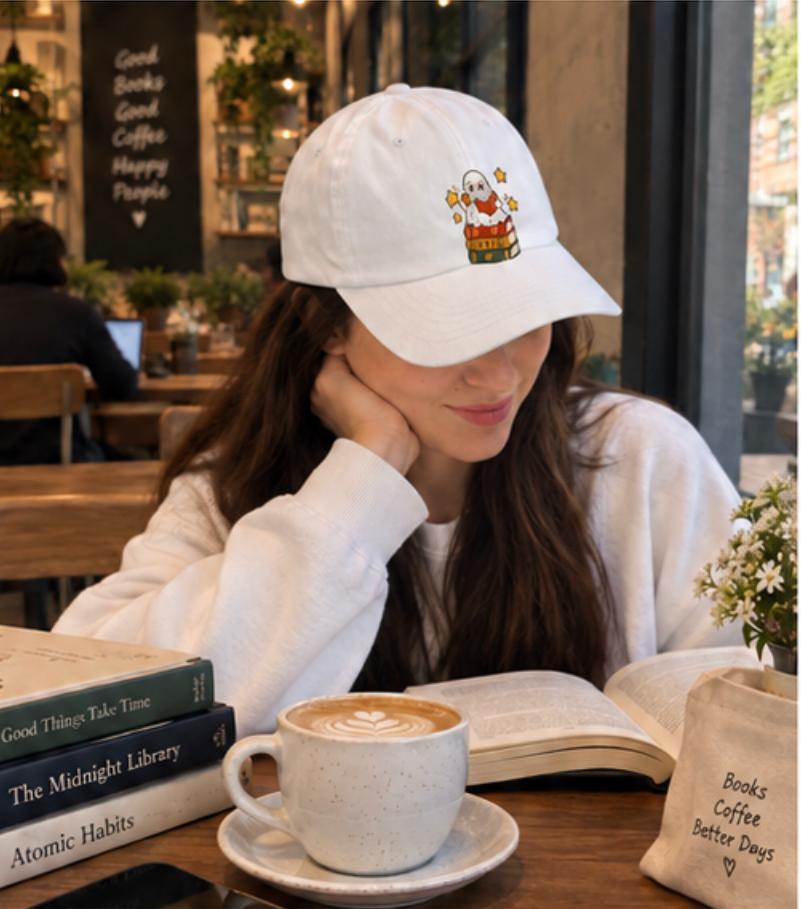Bookish Owl Dad Cap — Cute Reading Hat with Owl on Stacked Books
