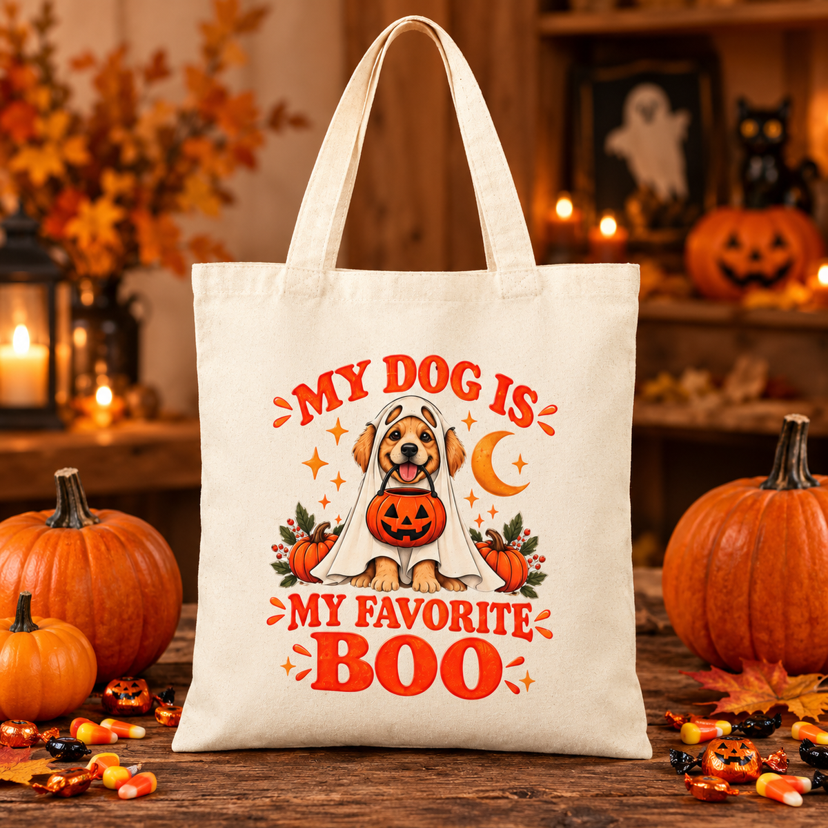 My Dog Is My Favorite Boo Tote Bag | Halloween Ghost Dog Canvas Purse - FREE SHIPPING