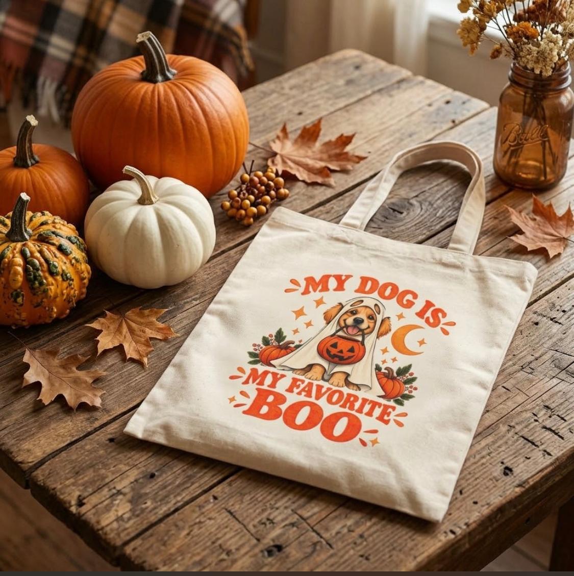 My Dog Is My Favorite Boo Tote Bag | Halloween Ghost Dog Canvas Purse - FREE SHIPPING
