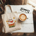 Bookish Ghost Tote Bag — Cute Reading Ghost on Stack of Books Cotton Canvas Tote