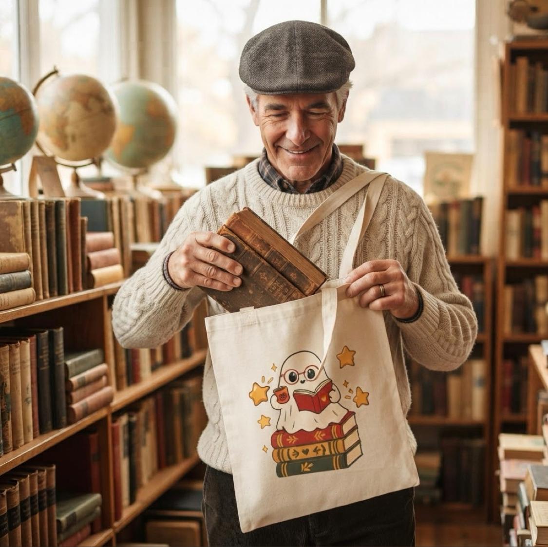 Bookish Ghost Tote Bag — Cute Reading Ghost on Stack of Books Cotton Canvas Tote
