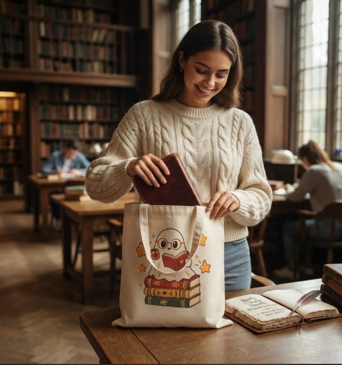 Bookish Ghost Tote Bag — Cute Reading Ghost on Stack of Books Cotton Canvas Tote