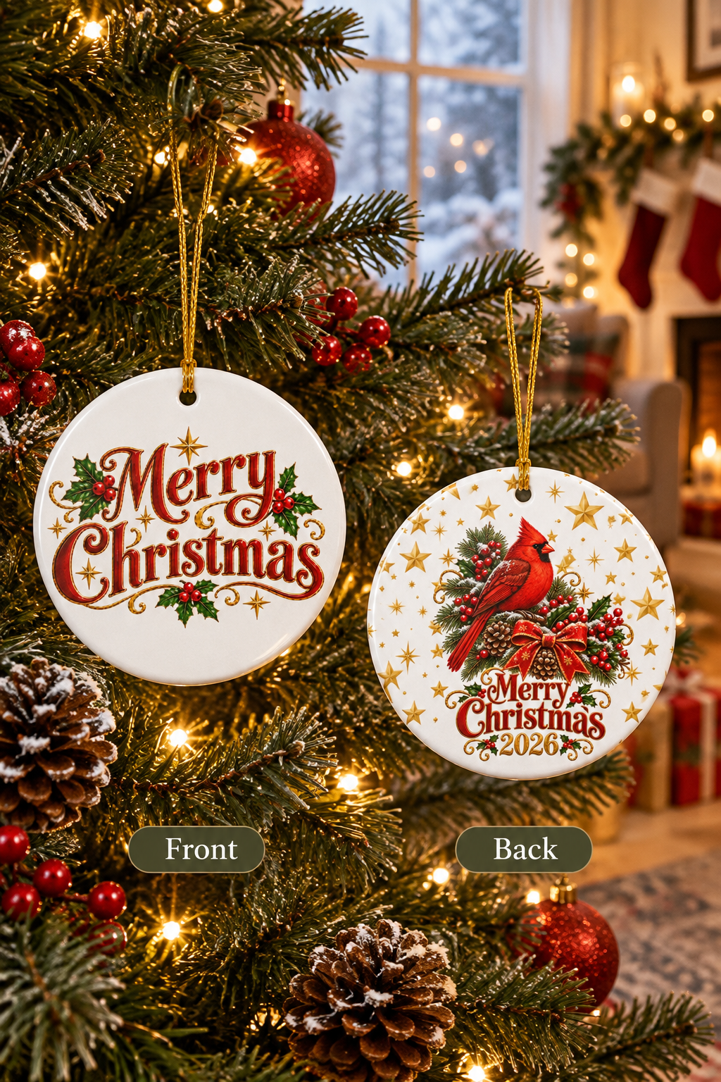 Personalized Cardinal Christmas Ornament 2026 - Premium Double-Sided Ceramic Holiday Decor