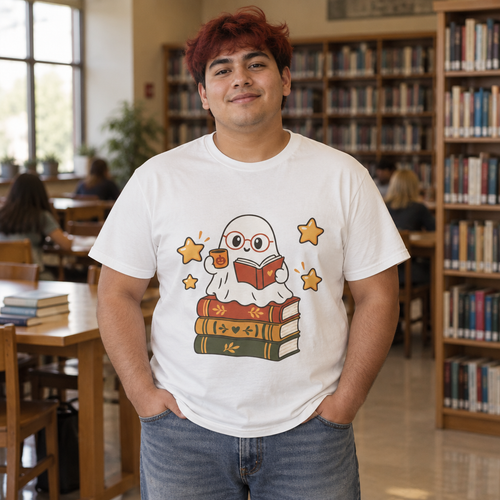 Bookworm Ghost Tee | Cute Reading Ghost with Glasses & Books Shirt
