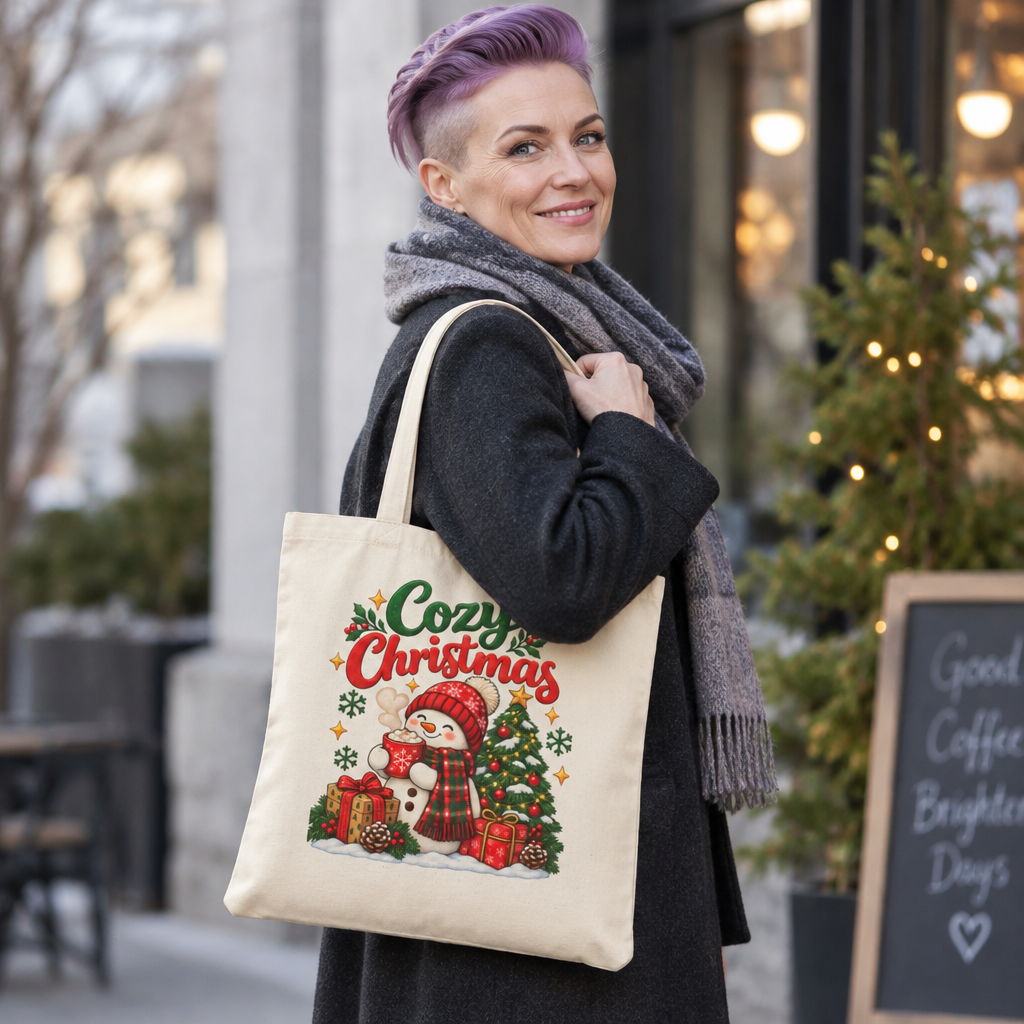 Cozy Christmas Snowman Tote Bag, Christmas Canvas Shopping Bag, Holiday Gift