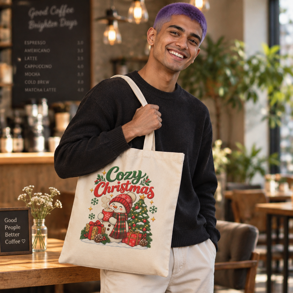 Cozy Christmas Snowman Tote Bag, Christmas Canvas Shopping Bag, Holiday Gift