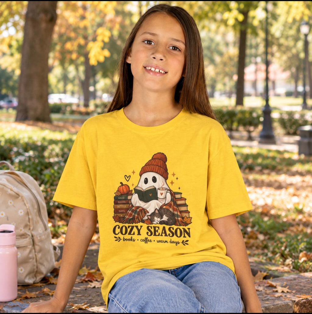 Kids Cozy Season Ghost Tee | Cute Reading Ghost with Books & Pumpkin Fall Shirt