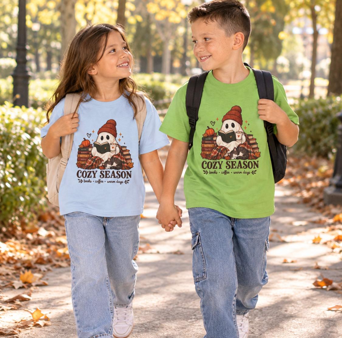 Kids Cozy Season Ghost Tee | Cute Reading Ghost with Books & Pumpkin Fall Shirt
