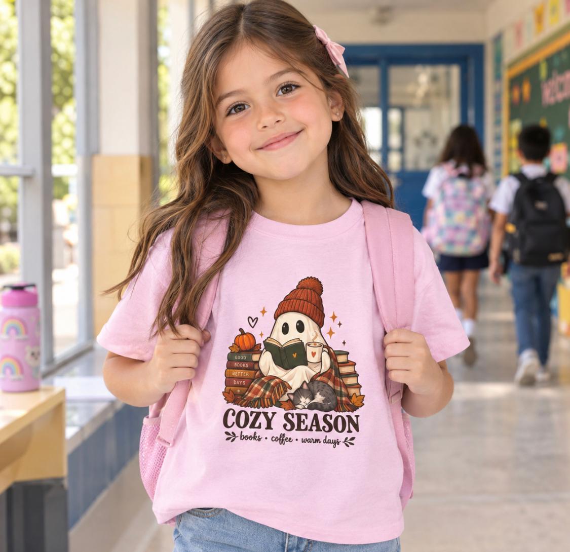 Kids Cozy Season Ghost Tee | Cute Reading Ghost with Books & Pumpkin Fall Shirt