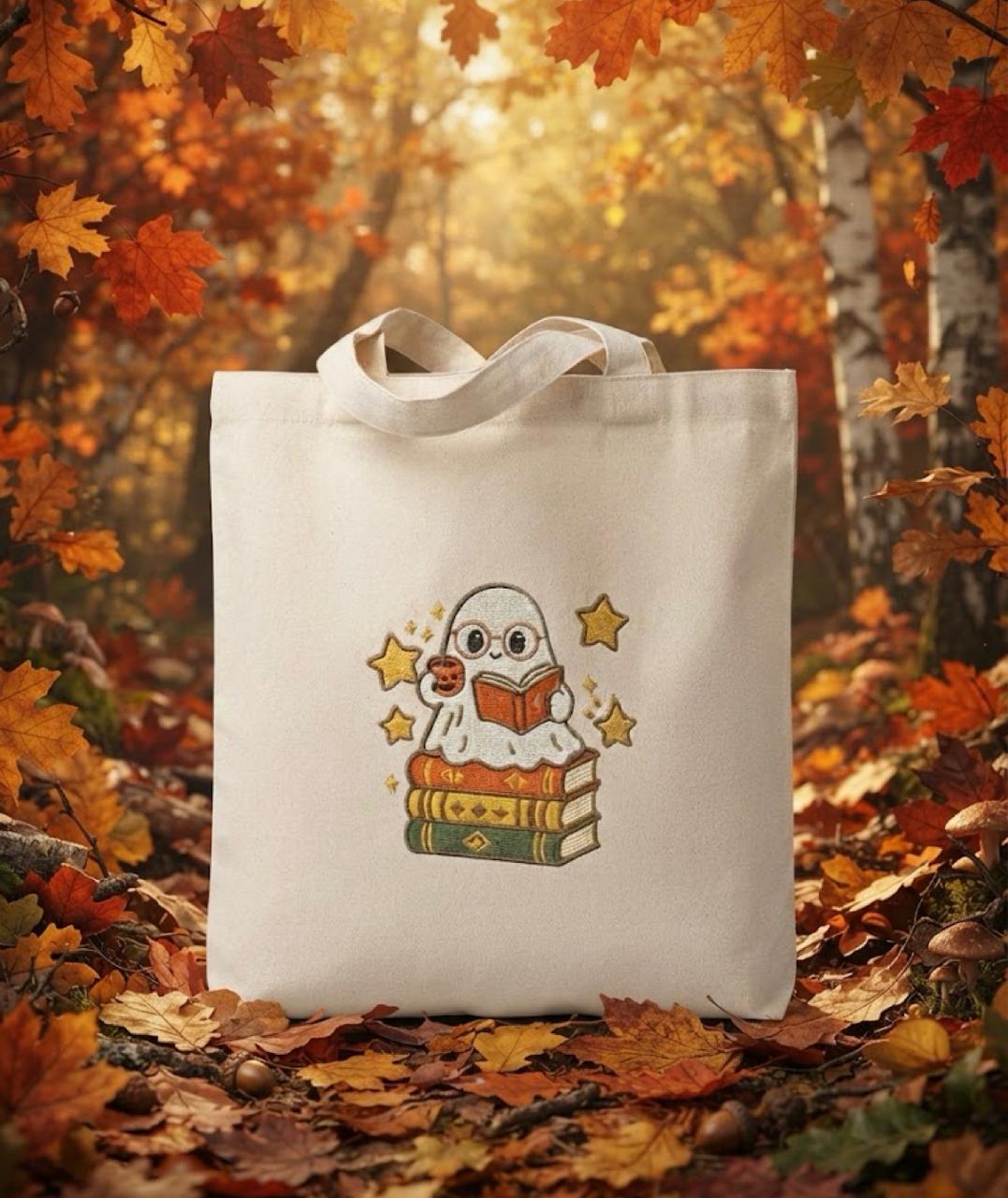 Bookish Ghost Tote Bag — Cute Reading Ghost on Stack of Books Cotton Canvas Tote