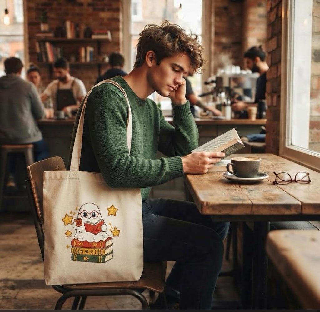 Bookish Ghost Tote Bag — Cute Reading Ghost on Stack of Books Cotton Canvas Tote