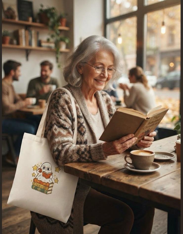 Bookish Ghost Tote Bag — Cute Reading Ghost on Stack of Books Cotton Canvas Tote