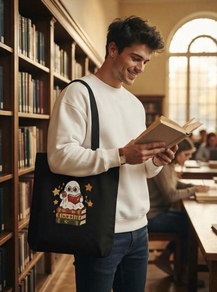 Bookish Ghost Tote Bag — Cute Reading Ghost on Stack of Books Cotton Canvas Tote