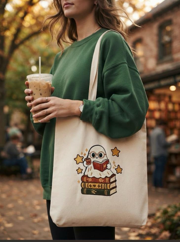 Bookish Ghost Tote Bag — Cute Reading Ghost on Stack of Books Cotton Canvas Tote