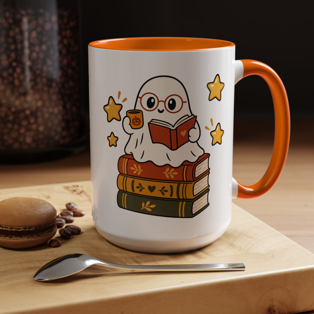 Reading Ghost Coffee Mug — Cute Halloween Book Lover Accent Mug 11oz / 15oz