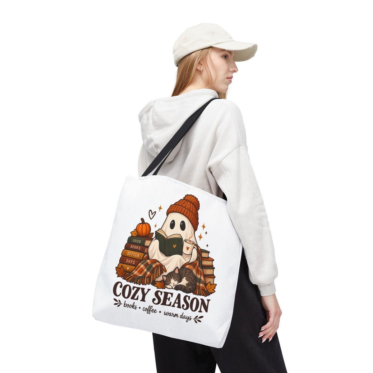 Cozy Season Tote Bag – Autumn Ghost Reading with Books, Coffee & Warm Days