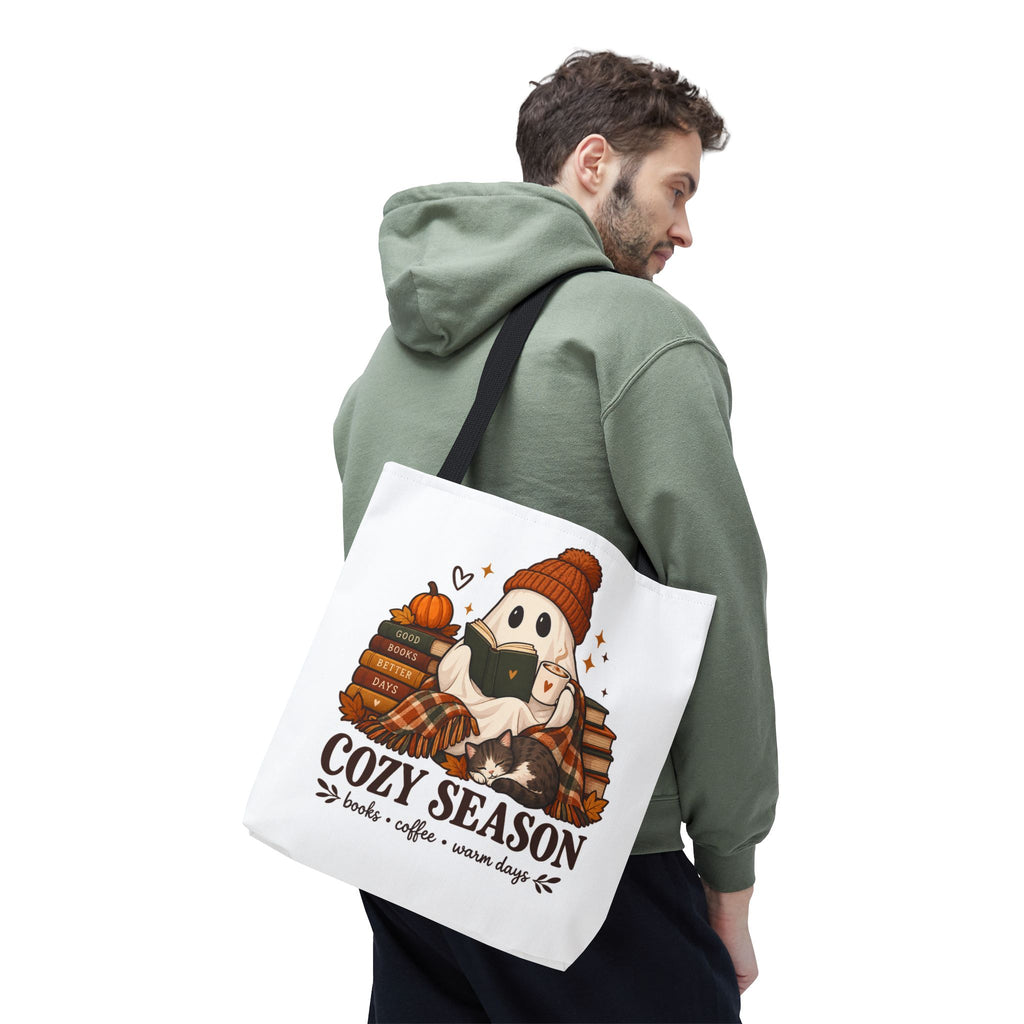 Cozy Season Tote Bag – Autumn Ghost Reading with Books, Coffee & Warm Days