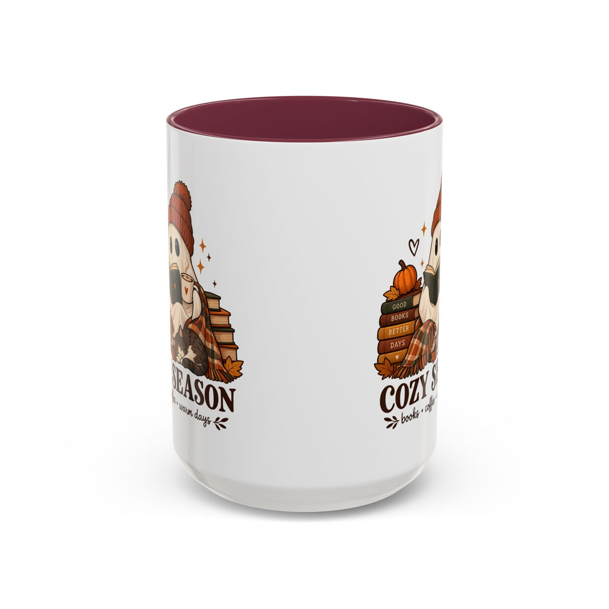 Cozy Season Ghost Accent Mug — Reading Ghost with Cat 11oz/15oz