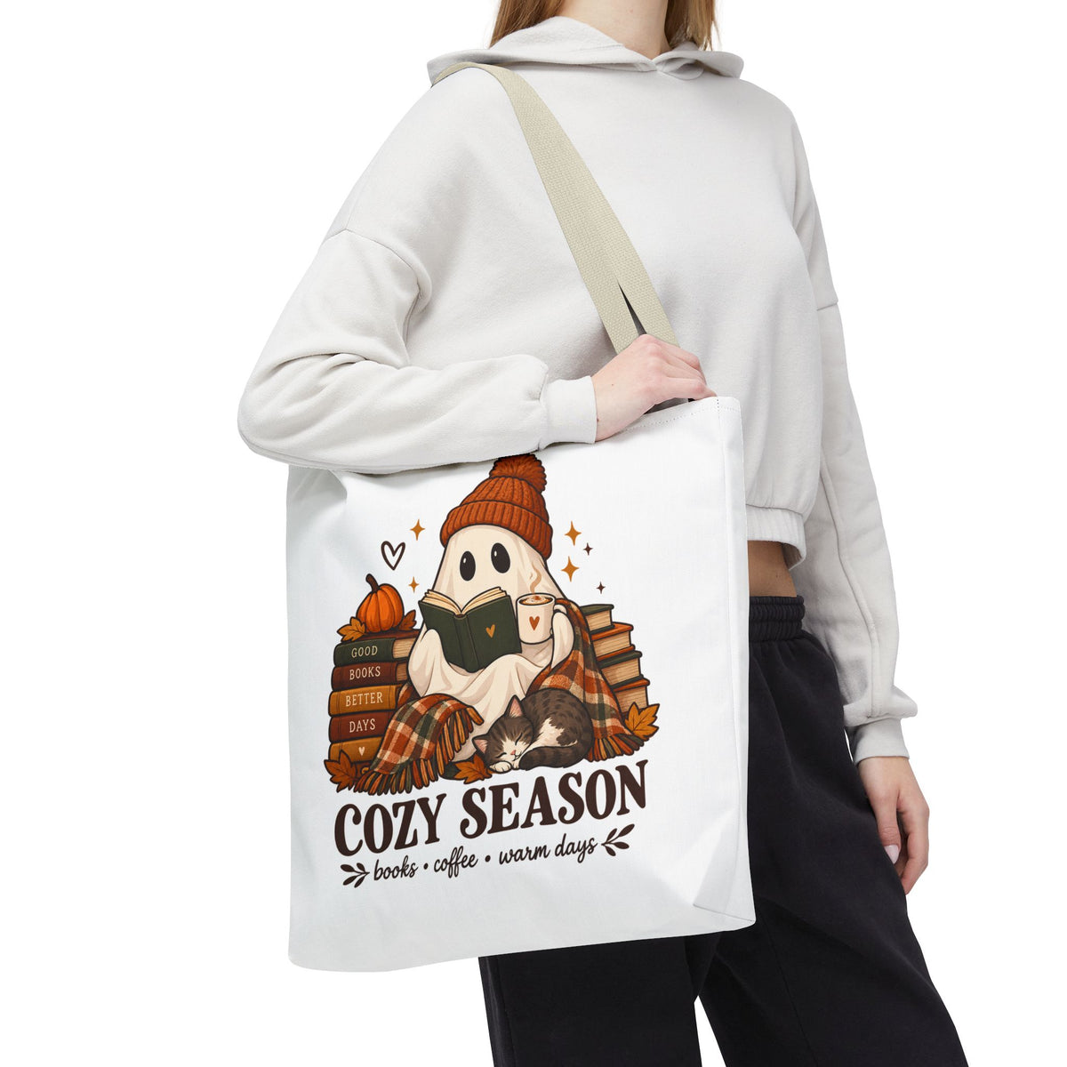Cozy Season Tote Bag – Autumn Ghost Reading with Books, Coffee & Warm Days