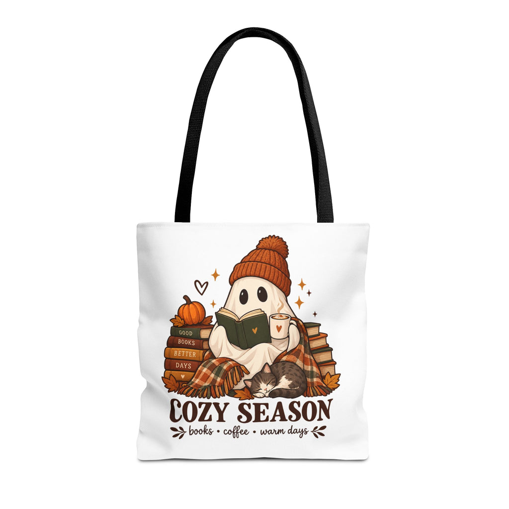 Cozy Season Tote Bag – Autumn Ghost Reading with Books, Coffee & Warm Days